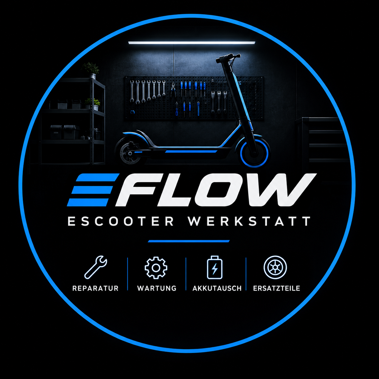 eFlow E-Scooter Werkstatt Logo mit Scooter und Werkzeug